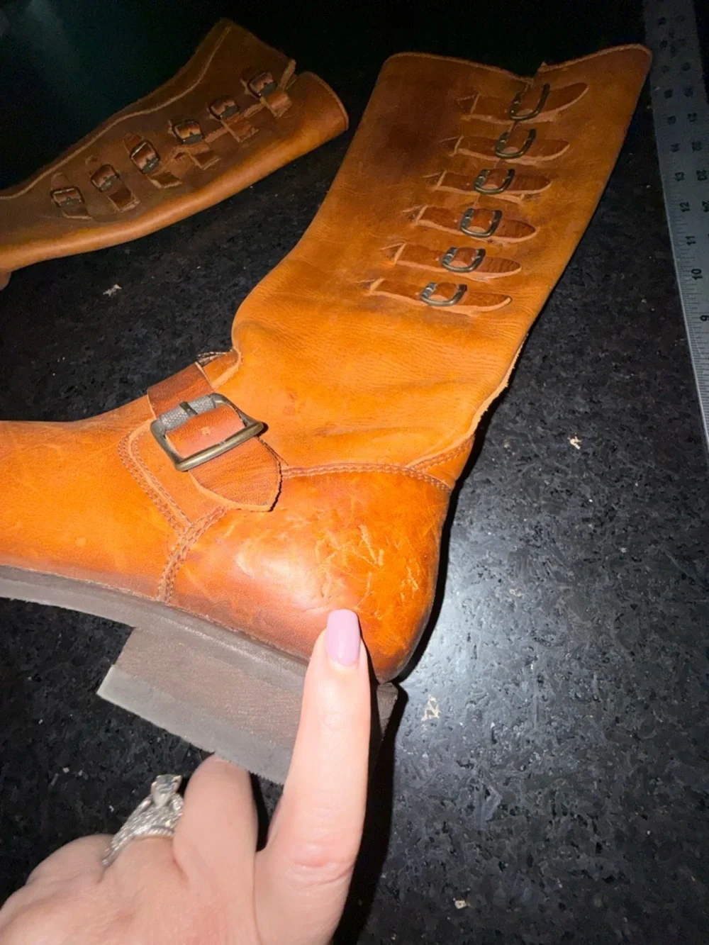FRYE COGNAC Veronica Belted Tall-STO Engineer Genuine Leather tall Boots SZ 7